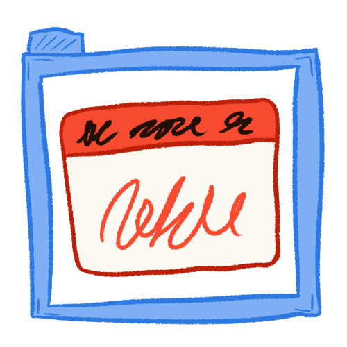 a drawing of a hollow blue folder with a red nametag inside, which has some scribbles on it.